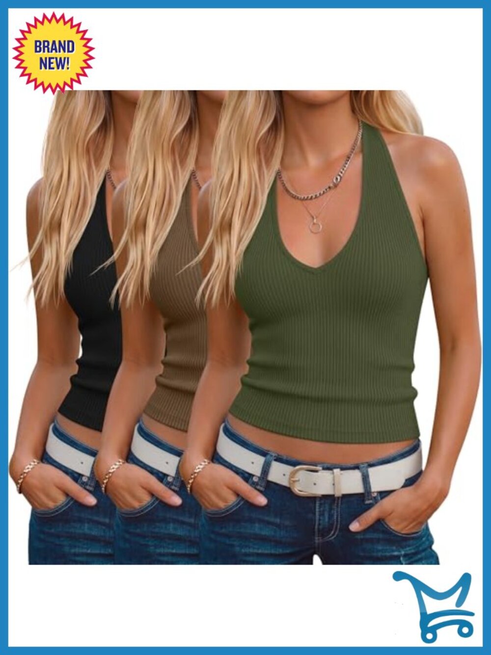 Womens Halter Cotton Tank Tops 3 Pack Sleeveless V-Neck Summer Y2K Crop
